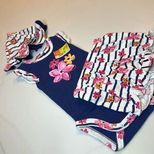 NWT Gerber Babies Blue Floral 3 Piece Set: Onesie, Shorts, Reversible Hat 0-3M